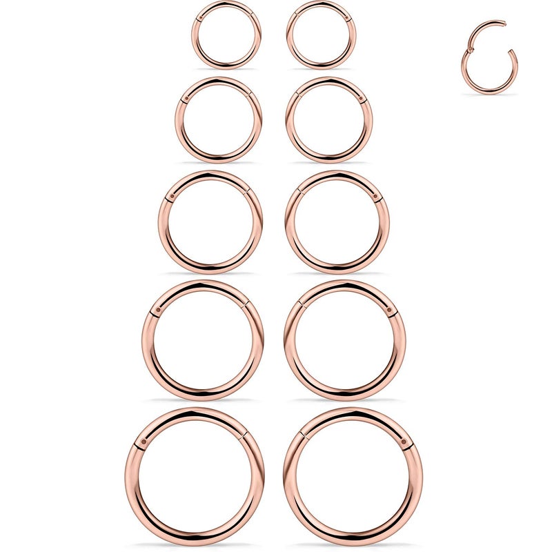 SCERRING 10PCS 16G Stainless Steel Hinged Clicker Segment Septum Nose Lip Ring Hoop Nipple Cartilage Tragus Sleeper Earrings Body Piercing Jewelry 8mm 10mm 12mm 14mm 16mm Rose Gold - Image 1